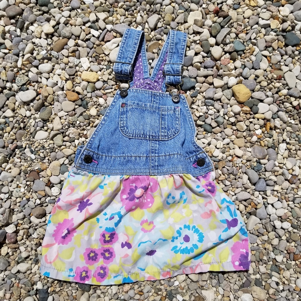Genuine Kids Oshkosh Denim Bib Jumper Dress Floral Sz 24 Mths Vtg